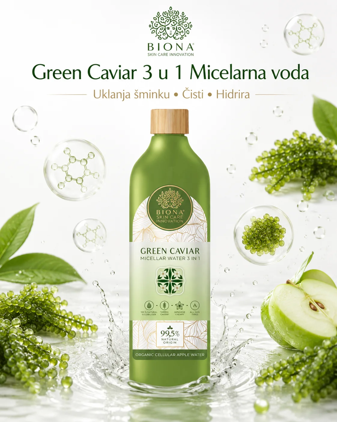 Biona Green Caviar 3 u 1 micelarna voda za uklanjanje šminke i čišćenje lica