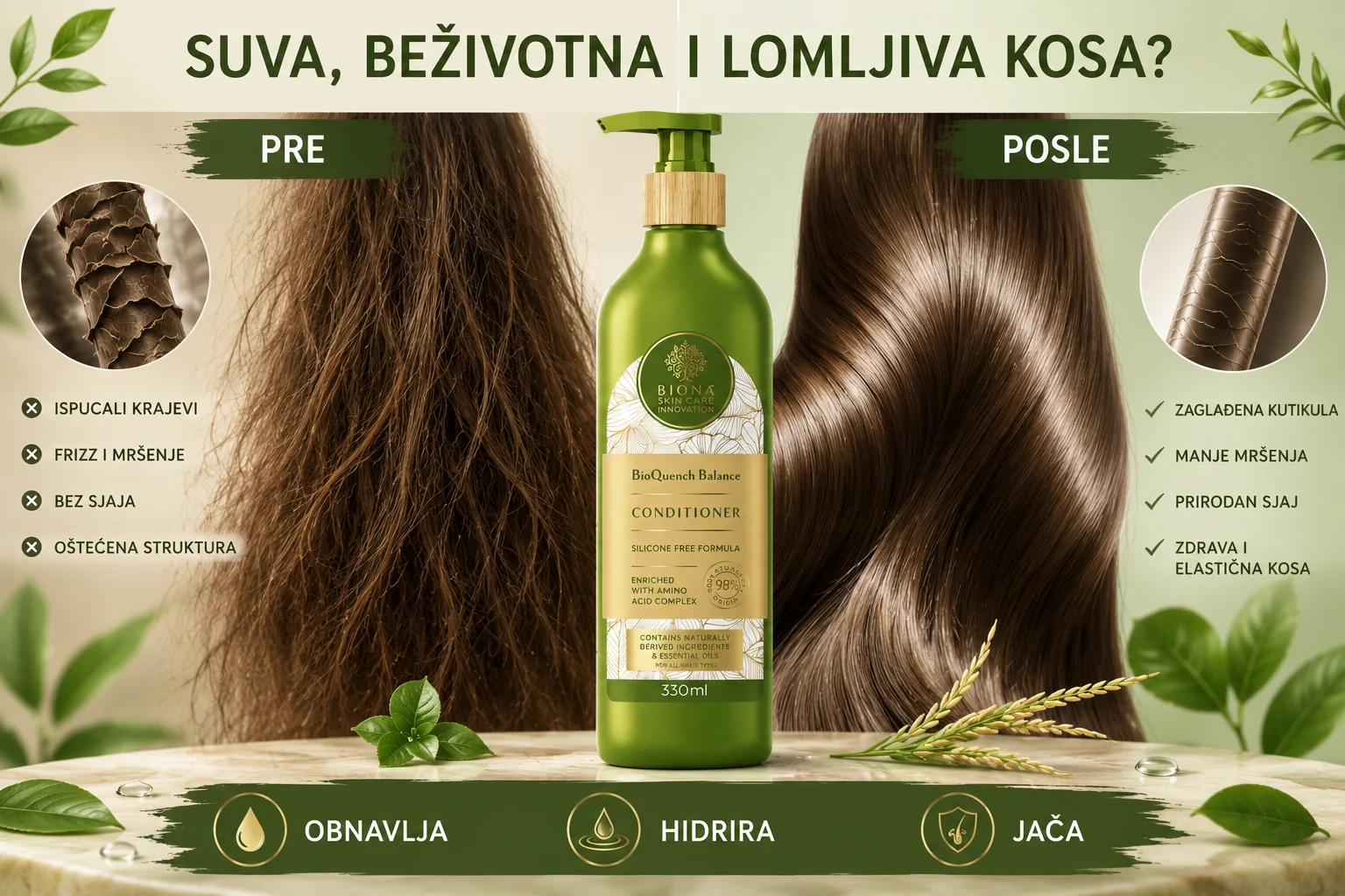 Tekstura prirodnog regeneratora za kosu sa amino kiselinama i pantenolom